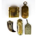 A sovereign case, travelling inkwell, a lady's white metal mounted ivory dance card, a toothpick