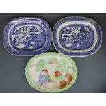 Two Victorian blue and white meat plates and a decorative meat plate, W. 40cm.