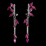 A pair of 925 silver drop earrings set with marquise cut rubies and white stones, L. 4.5cm.