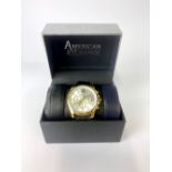 A gents American Exchange gold plated wristwatch on a leather strap.