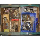 A box of useful mixed vintage hinges and other door furniture and a further box of mixed tools.