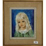 A 1970's framed oil on canvas of a young girl with indistinct signature, 41cm x 36cm.