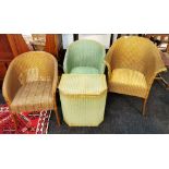 Two Lloyd Loom chairs and Lloyd loom linen basket.