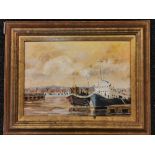 A framed oil on board of Ipswich docks by Patrick Galvani (British 1922 - 2013), 49 x 38cm.