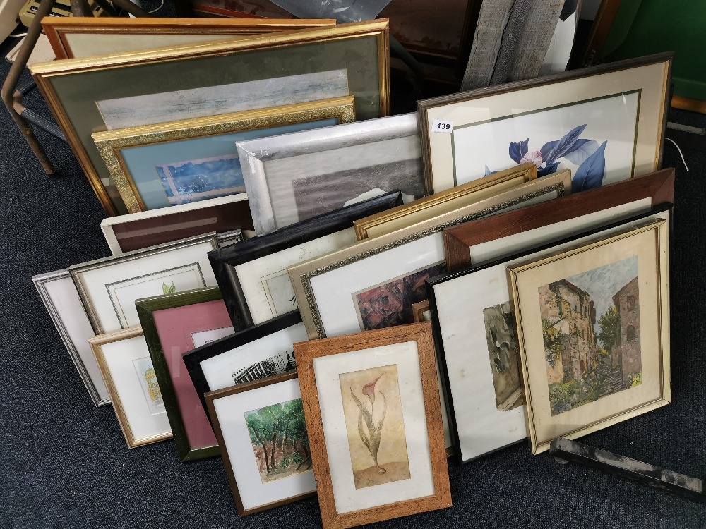 A large group of mixed watercolours and prints, largest 57 x 64cm.