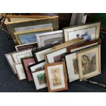 A large group of mixed watercolours and prints, largest 57 x 64cm.