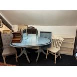 A group of painted and other furniture items, including a mirror and pedestal table.