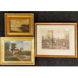 Two gilt framed 19th Century oil paintings and a hunting print, largest 59 x 46cm.