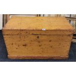 A 19th Century pine blanket box with brass handles and blacksmith hinges (with key), 98 x 51 x