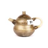 A Chinese hammered pewter over terracotta teapot with jade spout and handles, H. 11cm. Spout to