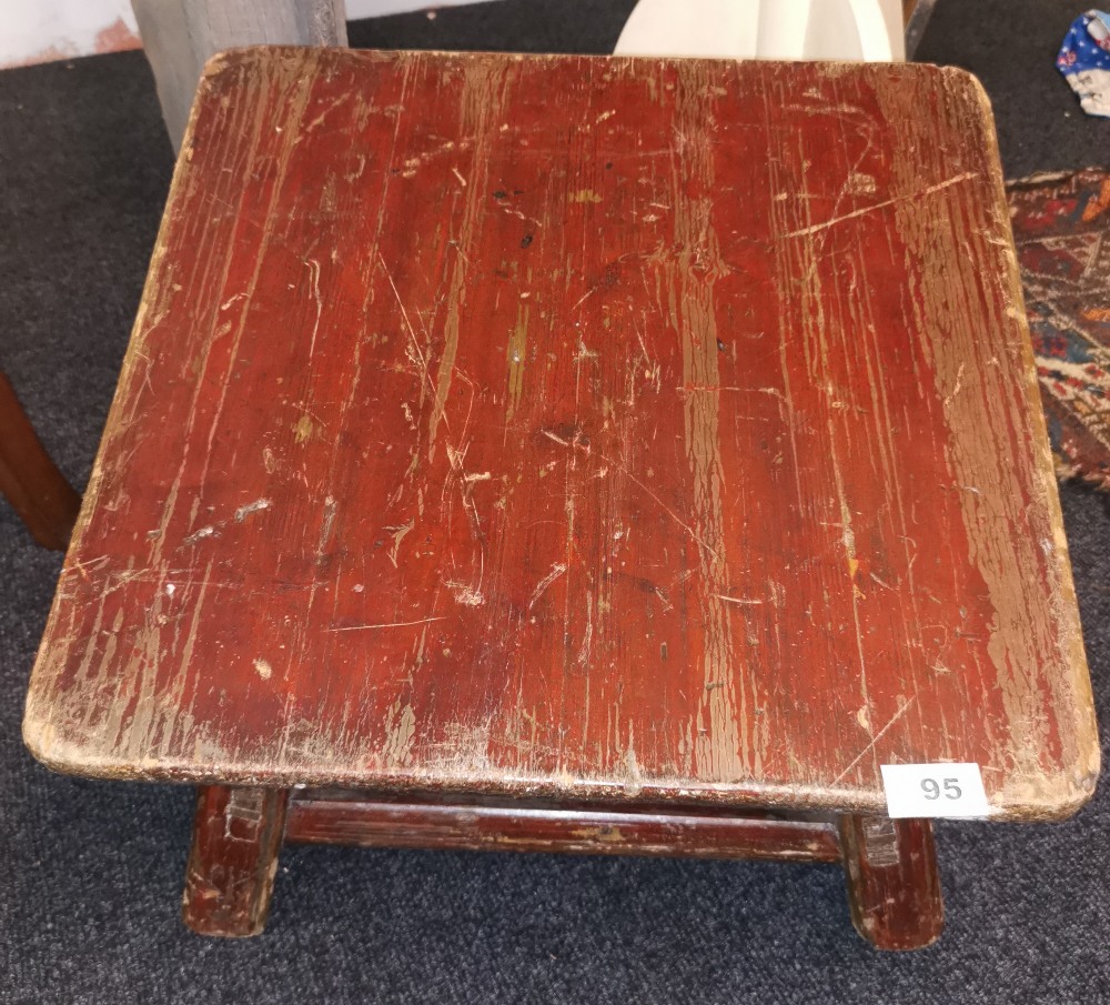 A 19th / early 20th Century Sino - Tibetan lacquered pine temple kneeler, 49 x 51cm. Highest point - Image 2 of 3