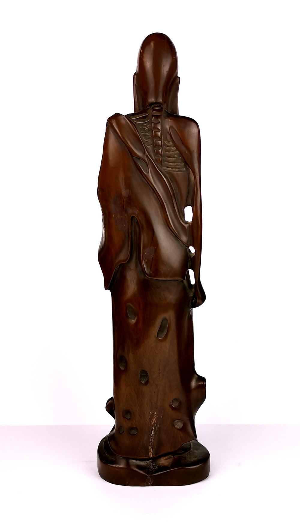 An interesting carved Chinese wooden figure of an Lohan representing wisdom, H. 46cm. A/F to left - Image 2 of 3