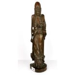 An interesting carved Chinese wooden figure of an Lohan representing wisdom, H. 46cm. A/F to left