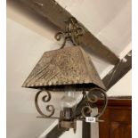 A 1920's wrought iron oil lamp style light fitting, H. 50cm.