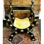 A very impressive 19th Century gilt brass studded savonarola style throne, W. 71 x 60 x 103cm.