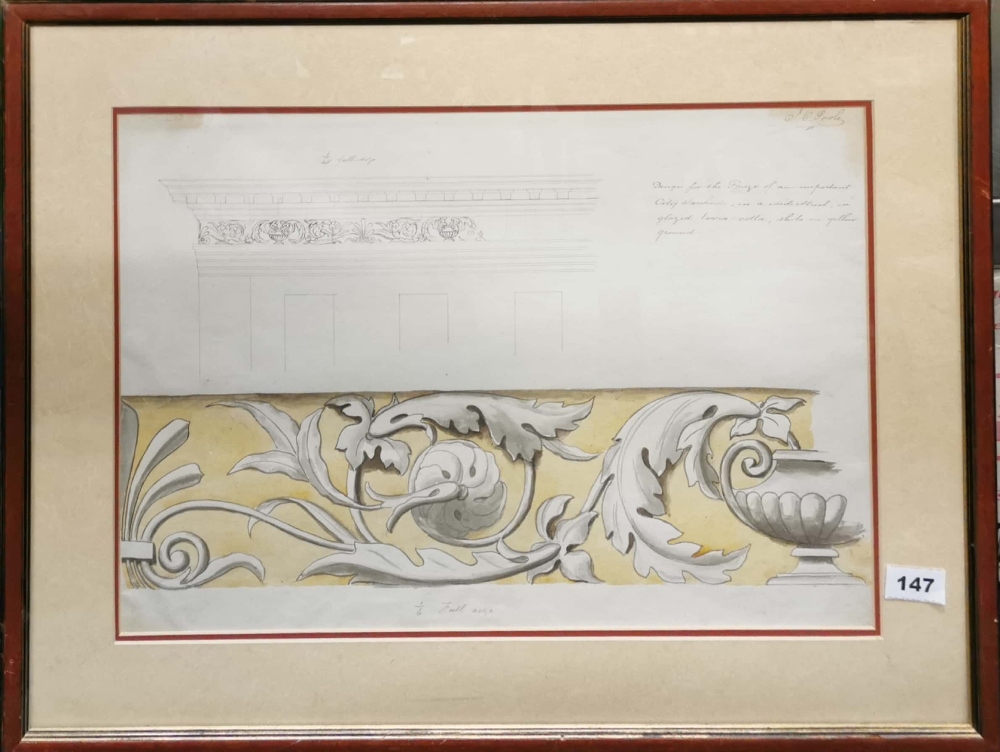 A framed archetectural pencil and watercolour drawing by J. O. Poole as a design for an important