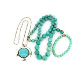 A polished amazonite bead necklace, together with a turquoise set pendant and chain, earrings and