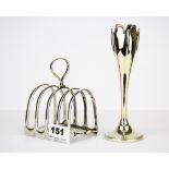 A hallmarked silver toast rack together with a hallmarked silver bud vase.