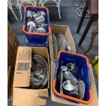 A large quantity of stainless steel catering equipment including serving dishes, coffee pots, etc.