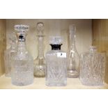 Two hallmarked silver collar crystal decanters and four glass decanters, tallest 32cm.
