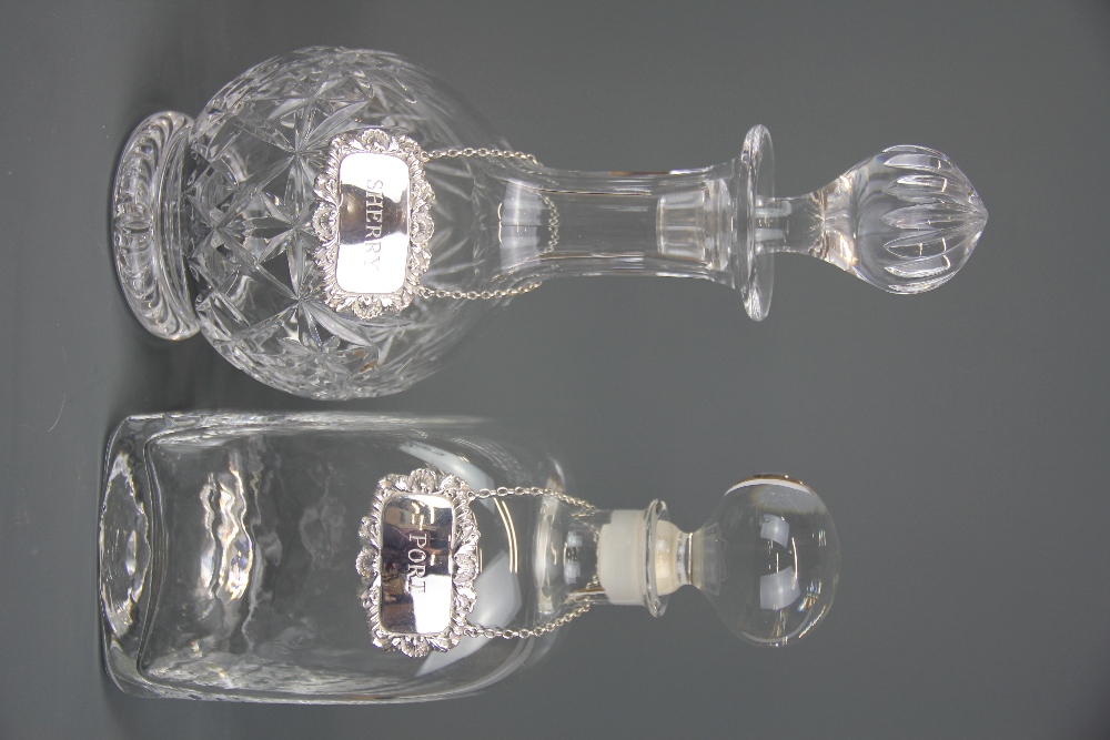 Three cut crystal decanters and a further glass decanter together with two hallmarked silver labels, - Image 2 of 3