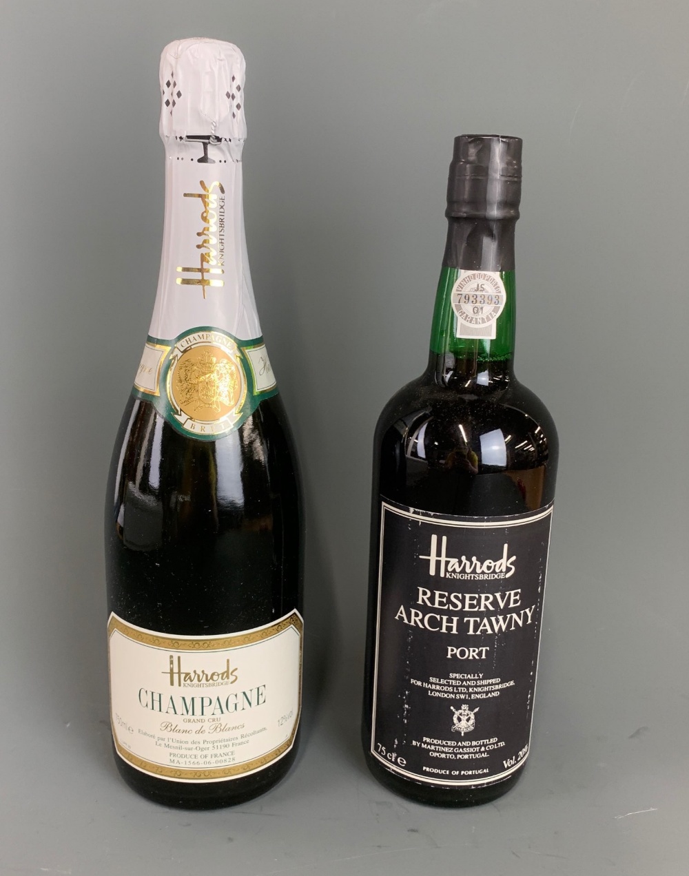 A boxed Harrods presentation champagne and port.