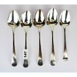 A set of four Georgian hallmarked silver soup spoons together with a further Georgian spoon,