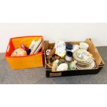 Two boxes of mixed interesting ceramic and other items including a Wemyss style pig money box.