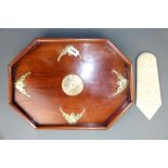 A Chinese hardwood tea tray decorated with bats and a central character motif, 45 x 33cm, together