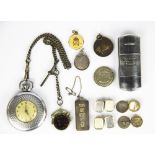 A vintage lighter, a vintage pocket watch, silver thrupenny coins, etc.