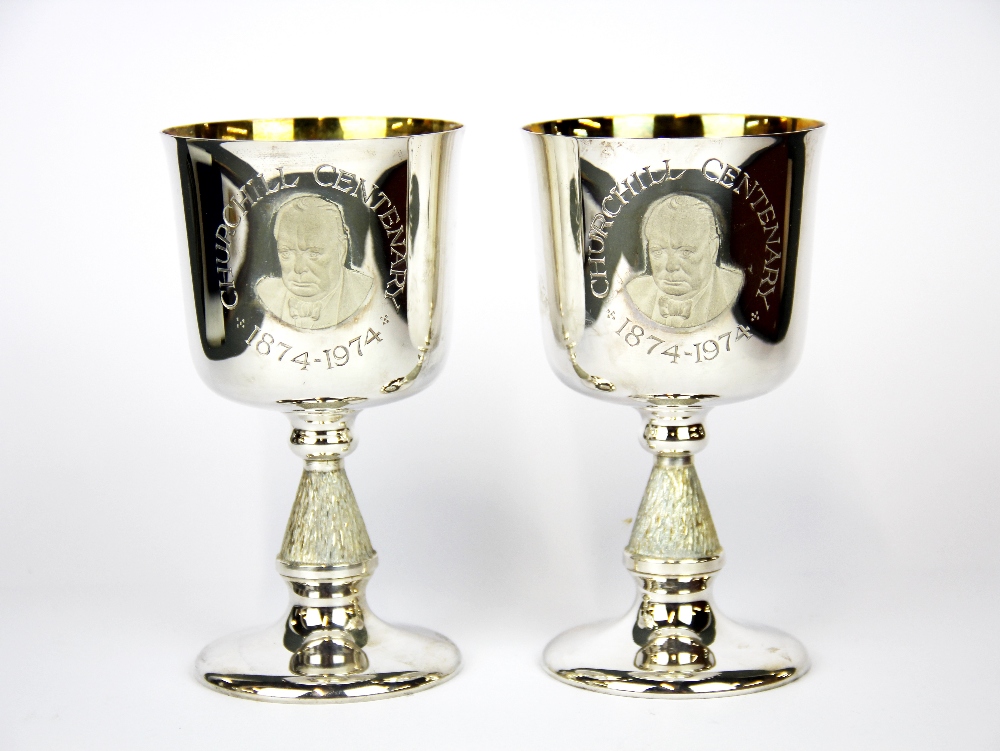 A cased pair of limited edition hallmarked silver 41/500 Churchill centenery goblets. - Image 2 of 3