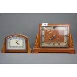 An Art Deco inlaid mantel clock and a further mantel clock, H.23cm.