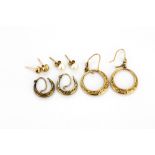 Four pairs of 9ct yellow gold earrings, (one butterfly missing).