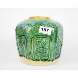 A Chinese green glazed pottery ginger jar, W. 15cm, H. 15cm.