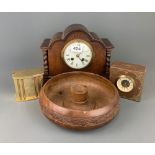 An oak mantle clock and three other items.