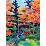 Lisa Litowitz, "Forest Walk", unframed acrylic on canvas, 30 x 40in, 2021. The Fall foliage in