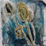 Susan Isaac, "Teasel Study", unframed oil on canvas, 20 x 20cm, 2018. A study of 3 dried stems of