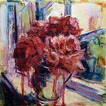 Susan Isaac, "Roses on window Sill", unframed oil on canvas, 30 x 30cm, 2021. An arrangement of