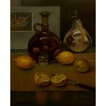 Chris Slater, "The cut lemon", unframed oil on panel, 16 x 20in, c. 2020. Shipping to the UK £15.