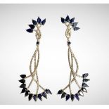 A pair of 925 silver drop earrings set with pear cut sapphires and white stones, L. 6cm.