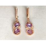 925 silver rose gold gilt drop earrings set with oval cut amethysts and white stones