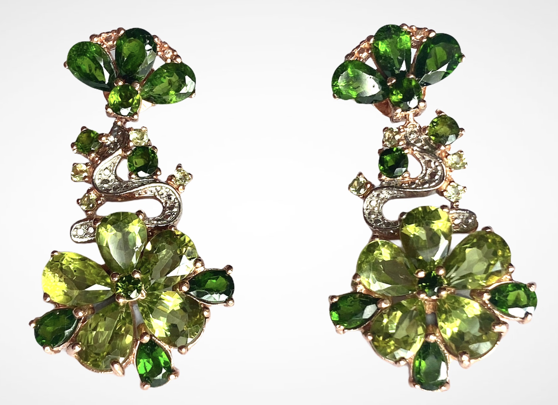 A pair of 925 silver rose drop earrings set with pear cut peridot, chrome diopside and white stones,