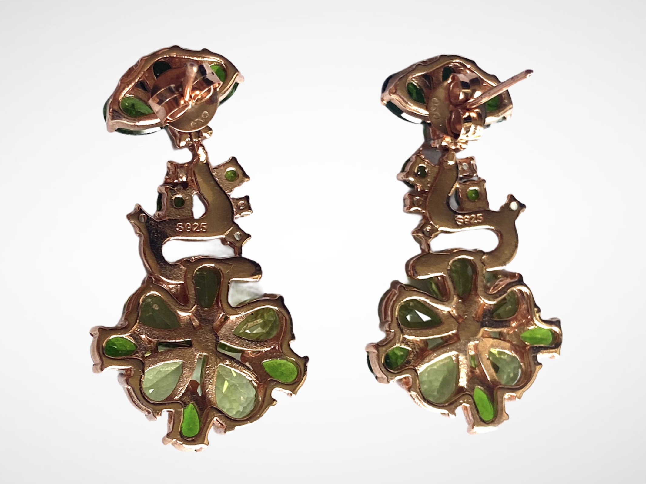 A pair of 925 silver rose drop earrings set with pear cut peridot, chrome diopside and white stones, - Image 2 of 2