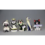 A group of four Lorna Bailey cat figures together with one further cat figure initialled JM, tallest