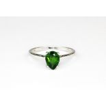 A 9ct white gold ring set with a pear cut green tourmaline, (P.5).