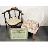 A 1960's Lloyd Loom chair together with a 1960's Vernon Ward tea tray and a Edwardian corner chair.