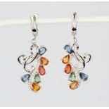 A pair of 925 silver drop earrings set with pear cut fancy colour sapphires, L. 4.5cm.