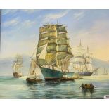 An unframed oil on canvas mounted on board of sailing ships in an Eastern harbour, 60 x 49cm.