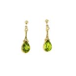 A pair of 9ct yellow gold drop earrings set with pear cut peridot and pearls, L. 6.5cm.