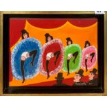 A Nicola Ortis Poucette (1935 - 2006) gilt framed oil on canvas of cancan dancers, frame size 41 x